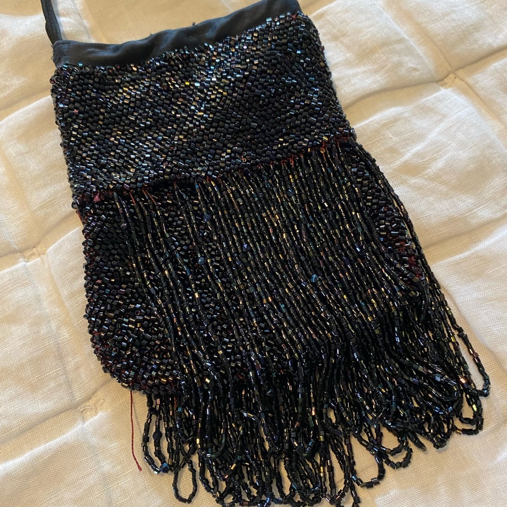 Black Beaded Flapper Fringe Bag